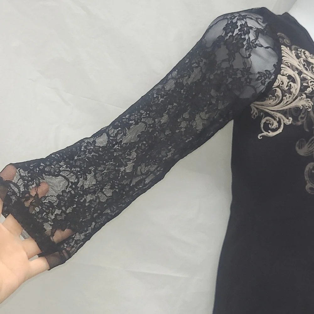 Vintage Y2K Black Gold Lace Beaded Scroll Cross Top Long Sleeve Glam Gothic